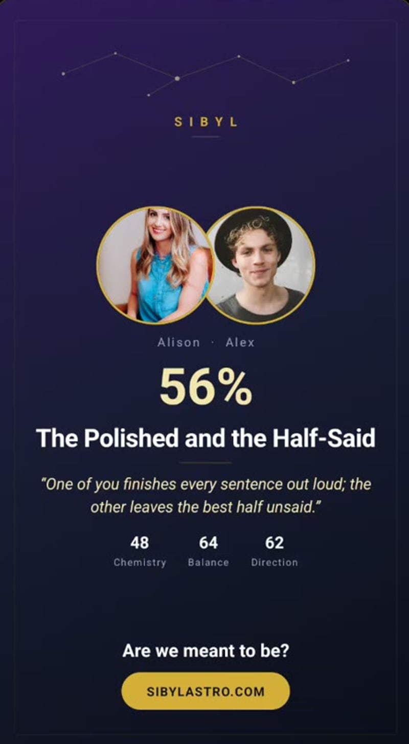 A Sibyl match card showing two people, a 56% score and the verdict The Polished and the Half-Said